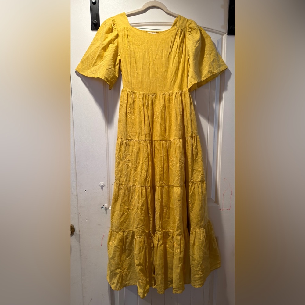 Women's Yellow Tiered Maxi Dress with Bell Sleeves